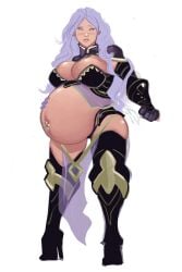 1girls alternate_hairstyle armor black_panties blush breasts camilla_(fire_emblem) cleavage female fire_emblem fire_emblem_fates huge_breasts murcury_rain navel_piercing nintendo panties pelvic_curtain piercing pregnant purple_eyes purple_hair see-through thick_thighs thighhighs underwear wide_hips