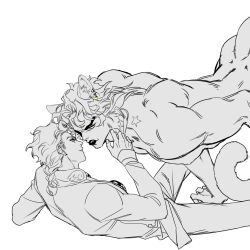 2boys animal_ears braid dio_brando father_and_son gay giorno_giovanna huang_lia incest jojo's_bizarre_adventure lion_boy lion_ears lion_tail long_hair male male_focus monochrome multiple_boys muscular muscular_male nude size_difference smile tail vento_aureo yaoi