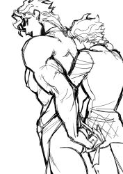 2boys apron ass back braid dio_brando father_and_son gay giorno_giovanna groping height_difference huang_lia imminent_penetration incest jojo&#039;s_bizarre_adventure lipstick long_hair makeup male male_focus male_only monochrome multiple_boys muscular muscular_male naked_apron pectorals size_difference vento_aureo yaoi