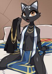 1girls 2023 black_body breasts cheek_tuft cute cute_fang egyptian_clothes feline female female_only furry furry_only hazel_eyes medium_breasts navel nulia on_bed tarahe tongue