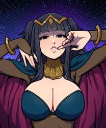 1girls akairiot black_hair blunt_bangs bodystocking bracelet breasts bridal_gauntlets cape circlet cleavage english_commentary eyebrows_visible_through_hair female female_only fire_emblem fire_emblem_awakening jewelry large_breasts light-skinned_female light_skin long_hair looking_at_viewer nintendo pointy_chin skin_tight smile solo tharja_(fire_emblem) tiara two_side_up