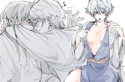 1boy 1girls arms_around_neck blush breast_press canon_genderswap cleavage embrace eye_contact female genderswap_(mtf) ginko_sakata gintama gintoki_sakata haori hug inner_sideboob japanese_clothes katsura_kotarou kimono light_blue_hair long_hair_male looking_at_another male medium_breasts mew_(pixiv) multiple_scenes no_bra red_eyes rule_63 short_hair smile sweatdrop very_short_hair wearing_others_clothes white_hair