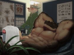 2023 abs absurd_res alligator alligatorid anthro anthro_on_anthro barazoku barbel_(anatomy) bed biceps big_muscles big_penis blush bodily_fluids canid canine claws closed_eyes clothed clothed/nude clothing crocodilian curved_penis detailed_background diagram duo dust_yang english_text erection eyebrows flesh_whiskers flustered frown fur furniture genitals hands_behind_head hi_res horn huge_cock huge_muscles humanoid_genitalia humanoid_penis inside leaf lying male male/male mammal muscular muscular_anthro muscular_male nude obliques on_back on_bed pecs penis pillow plant poster relaxing reptile scales scalie serratus shirt size_difference smile standing sweat text topwear towel towel_only triceps tuft wall_(structure)