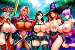 5girls adventurers ai_generated ayane_(doa) breasts_out crossover dead_or_alive dragons_crown eastern_and_western_character female_only final_fantasy final_fantasy_vii final_fantasy_vii_rebirth final_fantasy_vii_remake high_inquisitor_whitemane huge_breasts ingrid_(taimanin_asagi) knight mage makai_kishi_ingrid monk party priest rogue sally_whitemane side_by_side sorceress_(dragon's_crown) taimanin_(series) taimanin_murasaki tifa_lockhart warcraft world_of_warcraft