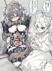 1boy 1girl absurdres arms_behind_back bar_censor bdsm black_socks blush bondage bonnet bound bound_arms bound_legs bow bowtie censored chain commentary_request cum cup dokomilk double-parted_bangs dress ejaculation femdom frilled_dress frills full_body gag gagged grey_background grey_bow grey_bowtie grey_eyes grey_hair hair_between_eyes heart hetero heterochromia highres holding holding_cup kneehighs kneeling long_hair long_sleeves looking_at_another male_focus motion_lines nipple_stimulation nipples nose_blush open_mouth orgasm original penis ponytail ring_gag sidelocks simple_background sitting socks speech_bubble strap sweat teacup teapot tentacles testicles tongue tongue_out translation_request white_dress white_hair