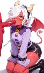 1girl ai_generated blowjob brawl_stars colette_(brawl_stars) heterochromia horns large_breasts looking_at_viewer oral penis red_skin saliva sex solo tongue_out wet white_hair