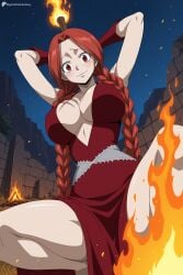 1girl ai_generated armpits arms_behind_head arms_up blush braid breasts cleavage closed_mouth digitalwaifugallery dress fairy_tail fire flare_corona hi_res high_quality high_resolution holding large_breasts long_hair looking_at_viewer night night_sky outdoors parted_bangs patreon patreon_username red_dress red_eyes red_gloves red_hair scar seductive sexy sky smile solo spread_legs squatting star_(sky) starry_sky thighs torch twin_braids uncensored very_long_hair watermark
