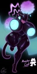 black_body cat_ears cat_tail cheerleader glowing headphones huge_breasts huge_thighs monstercat monstercat_media nipples no_eyes paws pom_poms smiling