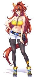 1girl bandeau bare_arms black_hair black_pantyhose blush brown_hair bubble_gum_fellow_(umamasume) crop_top full_body hand_on_hip horse_ears horse_girl horse_tail large_breasts long_hair looking_at_viewer midriff multicolored_hair navel no_jacket pantyhose_under_shorts purple_eyes shirokuma_a shoes smile solo standing stomach umamusume umamusume_pretty_derby white_hair white_shorts yellow_bandeau