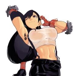 1girl arm_behind_head arm_up armpit_fetish armpit_focus armpit_hair armpits belt black_belt black_hair black_skirt black_sleeves breasts commentary crop_top detached_sleeves earrings edit edited edited_art edited_by_uploader elbow_pads english_commentary female_armpit_hair final_fantasy final_fantasy_vii fingerless_gloves gloves hand_up jewelry large_breasts long_hair looking_up low-tied_long_hair midriff muscular muscular_female navel nipples one_eye_closed pink_nipples red_eyes red_gloves see-through_clothes see-through_shirt shirt single_detached_sleeve skirt smile solo stretching suspender_skirt suspenders suspenders_gap tank_top third-party_edit tifa_lockhart toastitos toned toned_female transparent_clothing upper_body white_background white_tank_top