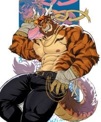 anthro bara barazoku beard bulge dragon_tail facial_hair feline flaccid furry hybrid male male_only muscles muscular reolixious shirtless solo solo_male tiger