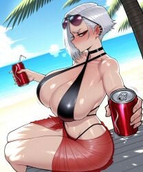 11_22 ai_generated alex_(11_22) annoyed aviator_sunglasses beach big_breasts bikini black_bikini black_choker blush choker day embarrassed female from_side half-closed_eyes heavy_breathing huge_breasts large_breasts looking_at_viewer medium_hair motion_lines oc offering original original_character red_eyes sarong shade sideways_glance sitting soda sunglasses sunglasses_on_head sweat thick_thighs tomboy white_hair wide_hips
