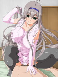 apron black_thighhighs breasts butakoma_300g censored cowgirl_position green_eyes grey_hair hadaka_apron huge_breasts long_hair pubic_hair sex tagme thighhighs