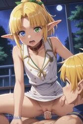 1boy ai_assisted ai_generated blonde_hair blue_eyes classroom cock_in_pussy collar collarbone cowgirl creampie dark_elf elf forest green_eyes grey_dress heterochromia inside leaning_forward long_dress long_sleeves looking_at_viewer mare_bello_fiore moaning nature night night_sky otoko_no_ko outdoors parted_bangs pencil_dress pointy_ears ponytail pussy_sex saliva shaking side_view sleeveless_dress source_anime spread_legs