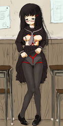 black_eyes black_hair blush bondage classroom crotch_rope exhibitionism fleda flossing hairclip megane nipples oppai pantyhose rope school_uniform serafuku shirt_lift skirt tear