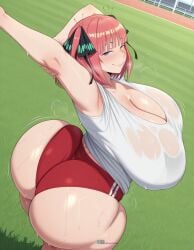 1girls ai_generated angel_yukkis ass ass_focus big_ass big_breasts big_tits breasts curvy curvy_female curvy_figure day fat_ass go-toubun_no_hanayome gym_uniform nakano_nino nipples oppai pussy pussy_juice room sexy_female sexy_pose shirt shorts stadium sweat tits voluptuous_female wet wet_pussy