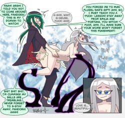 1boy 2girls angry blightstar clenched_teeth clothed_male_nude_female cum cum_inside dialogue english english_text female forced green_hair male mistaken_identity naked_female pandora_(re:zero) penis_visible_through_body petelgeuse_romaneeconti re:zero_kara_hajimeru_isekai_seikatsu religious_clothing screenshot_background shadow_tentacles side_view silver_hair snow speech_bubble stand_and_carry_position standing stomach_bulge stomach_deformation straight tagme tentacle_bondage text vaginal_penetration watching watching_sex