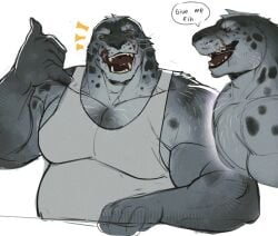 anthro bara barazoku belly furry leopard_seal male male_only muscles muscular overweight reolixious seal solo solo_male speech_bubble