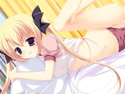 areas areas_~sora_ni_utsusu_kimi_to_no_sekai~ blonde_hair blush bow censored clothing game_cg gym_uniform hair_bow hair_ornament long_hair miyasaka_miyu purple_eyes ryiz_flannel sex solo sportswear uniform