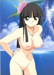 1girls 2d beach belly black_hair blush breasts gad_guard green_eyes hime_cut long_hair nude shinozuka_arashi solo vagina