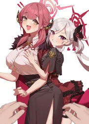 1boy 2girls aru_(blue_archive) big_breasts blue_archive blush feipin_zhanshi halo horns mutsuki_(blue_archive) pov red_hair touching_breast white_hair