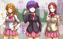 3girls blonde_hair ekitaiidou eyebrows_visible_through_hair purple_eyes purple_hair red_eyes red_hair ribbon school_uniform speech_bubble text translated yellow_eyes