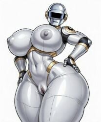 1girl ai_generated bare big_breasts big_nipples daft_punk helmet helmet_only hips hips_grab huge_breasts nipples nude pussy pussy_lips robot robot_girl solo