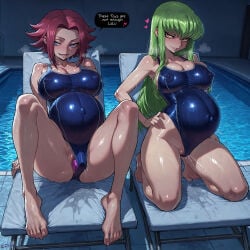 2girls ai_generated big_breasts blue_eyes blue_swimsuit breasts c.c. code_geass competition_swimsuit dialogue dildo_in_pussy dildo_insertion english english_text erect_nipples_under_clothes green_hair hi_res highres kallen_stadtfeld large_breasts long_hair nipples_visible_through_clothing object_insertion one-piece_swimsuit pregnant pregnant_belly pregnant_female pussy pussy_juice red_hair rzno school_swimsuit seductive seductive_look sex_toy short_hair swimsuit text vaginal_object_insertion wet wet_pussy yellow_eyes