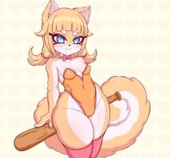 animal_ears baseball_bat blonde_hair blue_eyes dog_girl furry short_hair simple_background slim_waist small_breasts stockings tail thick_thighs