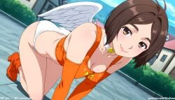1girl 1girls absurd_res ai_assisted ai_generated all_fours angel_wings anime ass ass_up bob_cut boobs breasts brown_eyes brown_hair bubble_butt butt choker curvaceous curvy curvy_figure elbow_gloves fake_wings heart_choker high_resolution highres hourglass_figure huge_ass huge_butt large_breasts light-skinned_female looking_at_viewer looking_back medium_breasts mf_ghost on_all_fours orange_boots orange_gloves outdoors patreon patreon_logo patreon_username race_queen saionji_ren short_hair smile street thick_thighs thighs veyluna voluptuous white_panties white_wings wide_hips