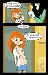 2girls belly big_belly black_hair breasts comic disney disney_channel english_text female female_only hand_on_belly kim_possible kimberly_ann_possible multiple_girls orange_hair pregnant shego sideboob text toongrowner