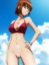 angry bikini bottomless brown_eyes brown_hair casual cat_planet_cuties cleavage female hand_on_hip human kinjou_manami looking_left mizugi oppai pale_skin red_bikini uncensored vagina wristwatch wristwear