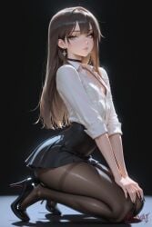 1boy 1femboy ai_generated brown_hair femboy grey_eyes high_heels julsyai looking_at_viewer office_lady office_suit on_knees sexy skirt stockings thick_thighs