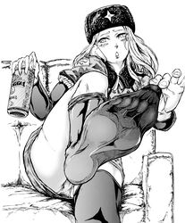 bro.you-yan coat feet female fur_hat fur_trim hat kolin legwear long_hair monochrome panties solo street_fighter street_fighter_v thighhighs underwear ushanka wavy_hair winter_clothes winter_coat zettai_ryouiki