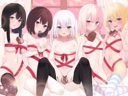 5girls bdsm bed black_hair blonde_hair blush bondage bound breasts brown_eyes brown_hair candy chocolate everyone food green_eyes heart heart-shaped_chocolate heart-shaped_food highres large_breasts long_hair medium_breasts memekko multiple_girls naked_ribbon navel nipple_slip nipples nude original pink_eyes pink_hair ponytail purple_eyes ribbon short_hair small_breasts spread_legs stomach striped_clothes striped_thighhighs swept_bangs thighhighs twintails valentine white_hair window