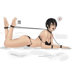 2d 2d_(artwork) ankle_cuffs anklet artist_name artist_request artist_signature artwork_(digital) bare_thighs barefoot batman_(series) black_hair black_nail_polish black_nails boobs bra bra_down catwoman choker cleavage collar cuff_(restraint) cuffs dc dc_comics feet feet_in_air feet_up female female_focus green_eyes lace lace-trimmed_bra lace-trimmed_panties light-skinned_female light_skin lingerie lying lying_on_stomach on_all_fours pale-skinned_female pale_skin panties pixie_cut red_lipstick restrained restrained_ankles restrained_arms restrained_feet restrained_female restrained_wrists restraints selina_kyle short_hair soles solo solo_female submissive submissive_female text the_pose thighs thong toes tomboy tomboy_dominated underwear vulva_line white_woman