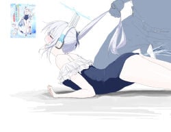 1boy 1girl animal_ear_headphones animal_ears aroused bare_shoulders blue_archive blue_halo blue_one-piece_swimsuit breasts closed_eyes fake_animal_ears female_ejaculation female_orgasm frilled_one-piece_swimsuit frills from_side grabbing_another's_hair halo headphones hetero highres holding_another's_hair long_hair lying miyako_(blue_archive) miyako_(swimsuit)_(blue_archive) off-shoulder_one-piece_swimsuit off_shoulder official_alternate_costume on_stomach one-piece_swimsuit open_mouth orgasm out_of_frame ponytail profile pussy_juice rabbit_ear_headphones rabbit_ears simple_background small_breasts swimsuit white_background white_hair wnbnryfol