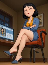 black_panties chair city clothing desk family_guy feet heel high_heels lipstick miniskirt monitor mules office_lady panties seductive short_hair smile tricia_takanawa