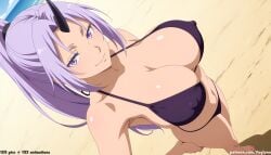 1girl 1girls absurd_res ai_assisted ai_generated all_fours anime ass bare_shoulders barefoot beach bikini black_bikini black_horns boobs breasts bubble_butt butt cleavage closed_mouth collarbone curvaceous curvy curvy_figure day from_below high_ponytail high_resolution highres horns hourglass_figure huge_ass huge_breasts huge_butt large_breasts light-skinned_female long_hair looking_at_viewer low_angle navel on_all_fours oni outdoors patreon patreon_logo patreon_username ponytail purple_eyes purple_hair sand shion_(tensei_shitara_slime_datta_ken) single_horn sky smile solo string_bikini tensei_shitara_slime_datta_ken thick_thighs thighs veyluna voluptuous wide_hips