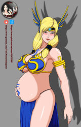 areolae belly belly_hold big_belly blonde_hair blush bra braid breasts crossover embarrassed freya_(smite) goddess hair_ornament headgear lactation large_breasts loincloth markings mortal_kombat navel nipples norse_mythology pregnant ready_to_pop sex_slave shao_kahn slave slave_bikini slave_leia_(cosplay) smite standing tagme tattoo theobscureone tiara