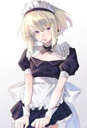 1boy 1femboy androgynous blonde_hair blush blushing blushing_at_viewer bob_cut covering_crotch crossdressing ear_ring embarrassed femboy femboy_only feminine_faced_male feminine_male girly lio_fotia looking_at_viewer maid maid_apron maid_dress maid_headdress maid_outfit maid_uniform male_maid nervous petite petite_body petite_male promare questionable short_hair short_male short_skirt shy slim slim_male slim_waist solo thin_waist twink