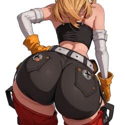 1girl 2026 2d absurd_res absurd_resolution absurdres ai_generated ass ass_focus back bare_shoulders belt big_penis black_shorts blonde_hair detached_sleeves facing_away from_behind gloves hand_on_own_hip hi_res high_quality high_resolution highres huge_ass image long_hair minjad patreon piper_wheel ponytail shiny_skin short_shorts shorts simple_backgroun solo thighhighs thighs tube_top uncensured white_background zenless_zone_zero