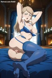 ai_generated armpits black_clover blonde_hair blue_eyes blue_lingerie bra_pull charlotte_roselei deik0 lingerie looking_at_viewer open_mouth presenting solo undressing