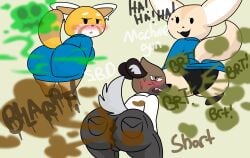 2d 2d_(artwork) aggretsuko ass ass_focus bent_over big_ass black_eyes black_panties blue_clothing blush blushing brappycatty brown_body bubble_ass crouching digital_media_(artwork) fart fart_fetish farting female female_focus fenneko haida_(aggretsuko) image jeans light_body light_green_background looking_at_viewer looking_back male male_focus orange_body panties retsuko shy slightly_annoyed sunniefunnie tagme text types