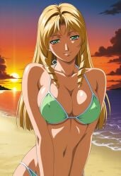 1girls ai_generated ass bangs bangs_between_eyes bangs_over_eyes beach bent_over bible_black big_breasts bikini bikini_bottom bikini_top blonde_hair blush breast_focus breast_press breasts busty curvaceous curvy curvy_body curvy_female curvy_figure cute day drill_sidelocks female female_focus female_only front_view green_bikini green_eyes high_resolution huge_breasts legs_together long_hair looking_at_viewer midriff naughty naughty_face naughty_smile navel nipples ocean outdoors palm_tree parted_bangs pinup sand seaside shiny_skin shiraki_rika smile smirk solo sunlight sunset swimsuit teenage_female teenager upper_body very_long_hair water wide_hips yellow_hair