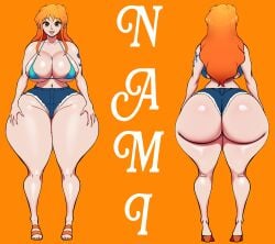 1girl alviriaart ass back_view big_ass big_breasts bikini_top boobs front_view high_heeled_sandals jean_shorts jorts nami_(one_piece) one_piece orange_hair tattoo tattooed_arm thick_thighs wide_hips