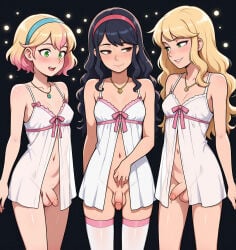 3futas ai_generated babydoll black_hair blonde_hair boobly bows corset frilly futa_only futanari green_eyes hairband intersex lingerie necklace nightie no_panties pink_highlights precum short_hair small_breasts standing stockings white_lingerie