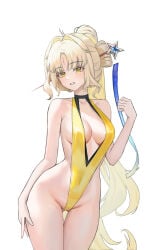 1girl absurdres alternate_costume bare_arms bare_hips bare_shoulders blonde_hair breasts collarbone commentary_request cowboy_shot dot_nose gluteal_fold groin hair_intakes hair_ornament hair_stick highleg highleg_one-piece_swimsuit highres light_blush long_hair looking_at_viewer medium_breasts one-piece_swimsuit parted_bangs parted_lips plunging_neckline ponytail simple_background slingshot_swimsuit solo suisui_(wuthering_waves) swimsuit tacet_mark_(wuthering_waves) thigh_gap thighs white_background wuthering_waves yellow_eyes yellow_slingshot_swimsuit yuridango