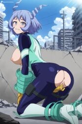 1girl ai_generated anus ass blue_eyes blue_hair blue_sky blush bodysuit boots breasts breasts_out building clenched_teeth cloud covering_privates day digitalwaifugallery drill_hair female_masturbation from_behind gloves hair_horns hi_res high_quality high_resolution kneeling large_breasts light_blue_hair looking_at_viewer looking_back masturbation my_hero_academia nejire_hado nipples outdoors patreon pussy pussy_juice seductive sexy short_hair sky solo superhero teeth torn_bodysuit torn_clothes twin_drills uncensored watermark yellow_gloves