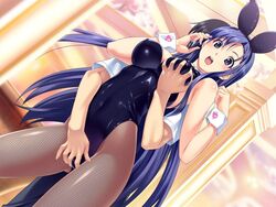 animal_ear bare_shoulders blue_hair blush breast_grab breasts bunnysuit fingering fishnet_pantyhose fishnets game_cg kemonomimi koutaro large_breasts long_hair oppai pantyhose saotome_nagi shirt_pull standing tropical_kiss usamimi very_long_hair wrist_cuffs